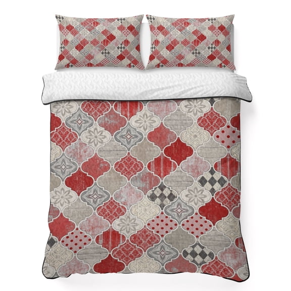 Queen Quilt Bedding Set, Modern Moroccan Shield Pattern Soft Microfiber Summer Bedspread Coverlet with 2 Pillow Shams for All Season, Red Geometric Art Breathable Bedding Set for Hot Sleepers