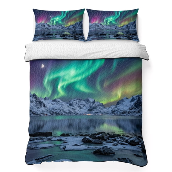 Queen Quilt Bedding Set Modern Snow Mountains Lake Scenery Lightweight Summer Quilted Coverlet for Hot Sleepers, Colorful Night Sky Breathable Soft Cooling Blanket with 2 Pillow Shams for All Season