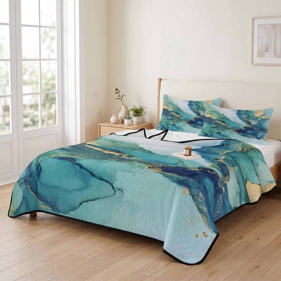 Queen Quilt Bedding Set, Modern Turquoise Marble Stone Lightweight Coverlet Summer Comforter Set Soft Microfiber Bedspread, Abstract Gold Crack Texture 3 Piece Quilt Set with 2 Pillow Shams