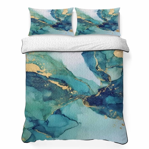 Queen Quilt Bedding Set, Modern Turquoise Marble Stone Soft Microfiber Summer Bedspread Coverlet with 2 Pillow Shams, Abstract Gold Crack Texture Breathable Bedding Set for Hot Sleepers
