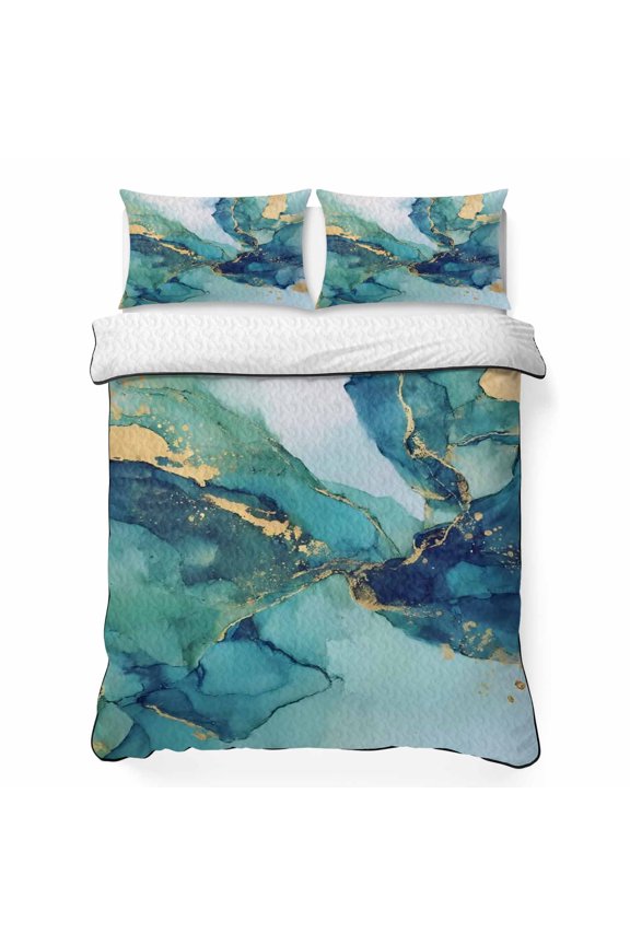 Queen Quilt Bedding Set, Modern Turquoise Marble Stone Soft Microfiber Summer Bedspread Coverlet with 2 Pillow Shams, Abstract Gold Crack Texture Breathable Bedding Set for Hot Sleepers