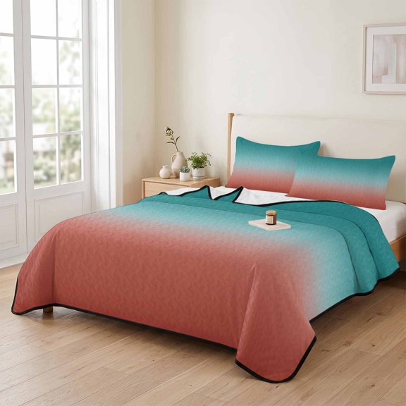 Queen Quilt Bedding Set, Modern Turquoise Red Gradient Lightweight Coverlet Summer Comforter Set Soft Microfiber Bedspread, Minimalist Ombre Theme 3 Piece Quilt Set with 2 Pillow Shams