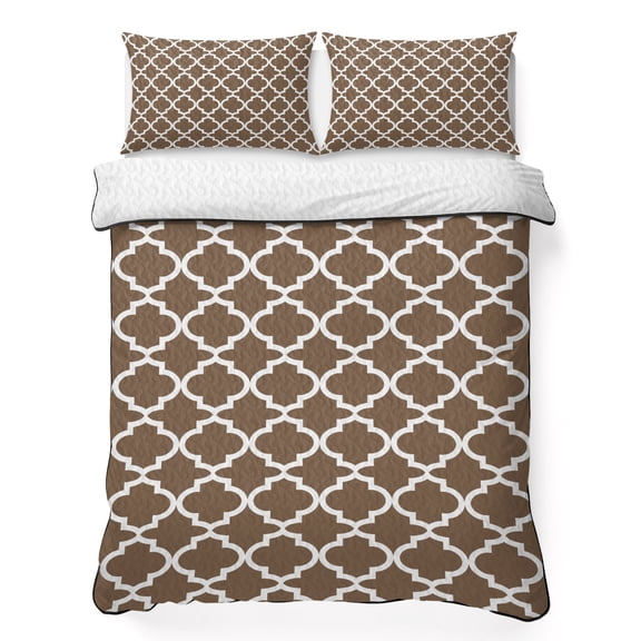 Queen Quilt Bedding Set, Moroccan Brown Geometric Soft Microfiber Summer Bedspread Coverlet with 2 Pillow Shams for All Season, Vintage Minimalist Art Breathable Bedding Set for Hot Sleepers