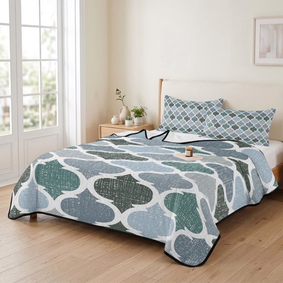Queen Quilt Bedding Set, Moroccan Geometric Pattern Lightweight Coverlet Summer Comforter Set Soft Microfiber Bedspread, Retro Green Gray Art 3 Piece Quilt Set with 2 Pillow Shams All Seasons Use