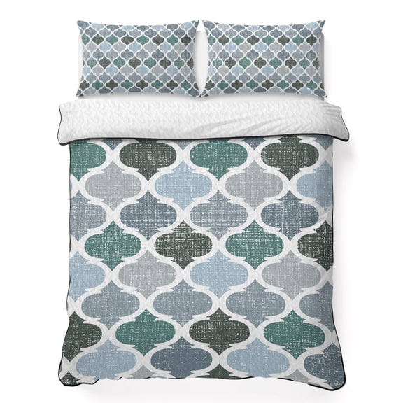 Queen Quilt Bedding Set, Moroccan Geometric Pattern Soft Microfiber Summer Bedspread Coverlet with 2 Pillow Shams for All Season, Retro Green Gray Art Breathable Bedding Set for Hot Sleepers