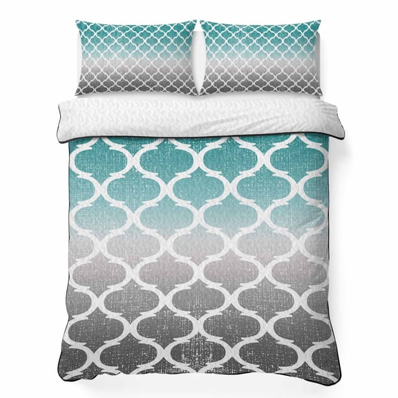 Queen Quilt Bedding Set, Morocco Modern Ombre Turquoise Grey Soft Microfiber Summer Bedspread Coverlet with 2 Pillow Shams for All Season, Abstract Breathable Bedding Set for Hot Sleepers