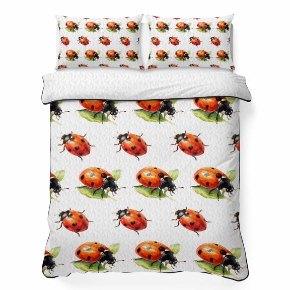 Queen Quilt Bedding Set, Natural Watercolor Red Black Insects Soft Microfiber Summer Bedspread Coverlet with 2 Pillow Shams, Seven-spotted Ladybug Breathable Bedding Set for Hot Sleepers