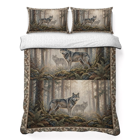 Queen Quilt Bedding Set Natural Wild Wolf Forest Scenery Breathable Summer Cooling Blanket for Hot Sleepers, Animal Botanical Tree Plant Soft Bedding Set with 2 Pillow Shams for All Season