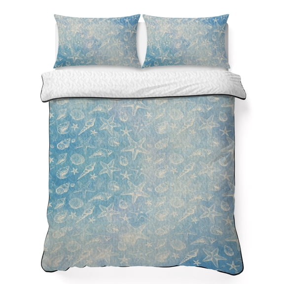 Queen Quilt Bedding Set, Nautical Abstract Starfish Conch Soft Microfiber Summer Bedspread Coverlet with 2 Pillow Shams for All Season, Gradient Blue Ocean Breathable Bedding Set for Hot Sleepers