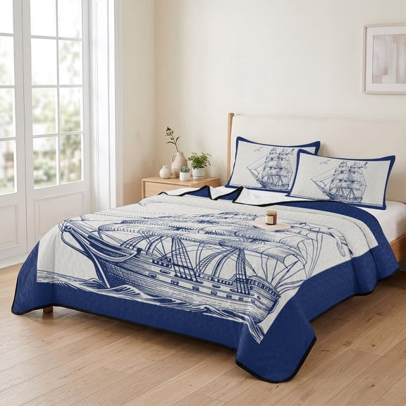 Queen Quilt Bedding Set, Nautical Blue Sailing Seagull on Retro Lightweight Coverlet Summer Comforter Set Soft Microfiber Bedspread, Ocean Adventure 3 Piece Quilt Set with 2 Pillow Shams