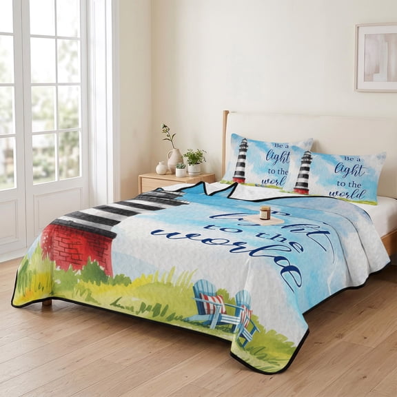 Queen Quilt Bedding Set, Nautical Lighthouse Blue Sky Cloud Lightweight Coverlet Summer Comforter Set Soft Microfiber Bedspread, Watercolor Island Meadow 3 Piece Quilt Set with 2 Pillow Shams