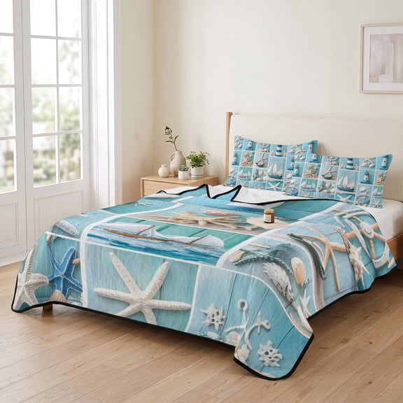 Queen Quilt Bedding Set, Nautical Lighthouse Rudder Starfish Lightweight Coverlet Summer Comforter Set Soft Microfiber Bedspread, Marine Life Shell Blue Wood 3 Piece Quilt Set with 2 Pillow Shams