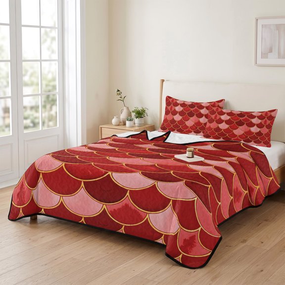 Queen Quilt Bedding Set, Nautical Ocean Fish Scale Lightweight Coverlet Summer Comforter Set Soft Microfiber Bedspread, Modern Red Gradient Pattern 3 Piece Quilt Set with 2 Pillow Shams