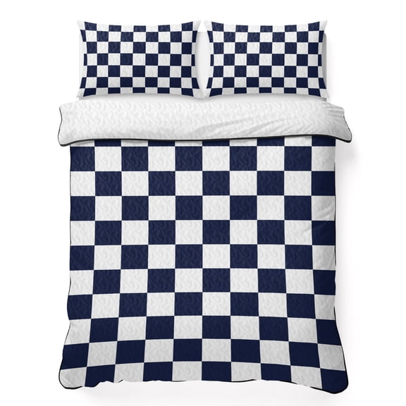 Queen Quilt Bedding Set Navy Blue White Checker Summer Quilt Lightweight Quilted Coverlet with 2 Pillow Shams, Buffalo Plaid 3-Piece Bedspread Quilt Set for All Season