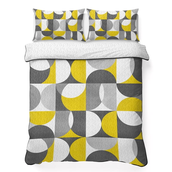 Queen Quilt Bedding Set, Nordic Medieval Splicing Half Circle Soft Microfiber Summer Bedspread Coverlet with 2 Pillow Shams, Yellow Grey Abstract Breathable Bedding Set for Hot Sleepers