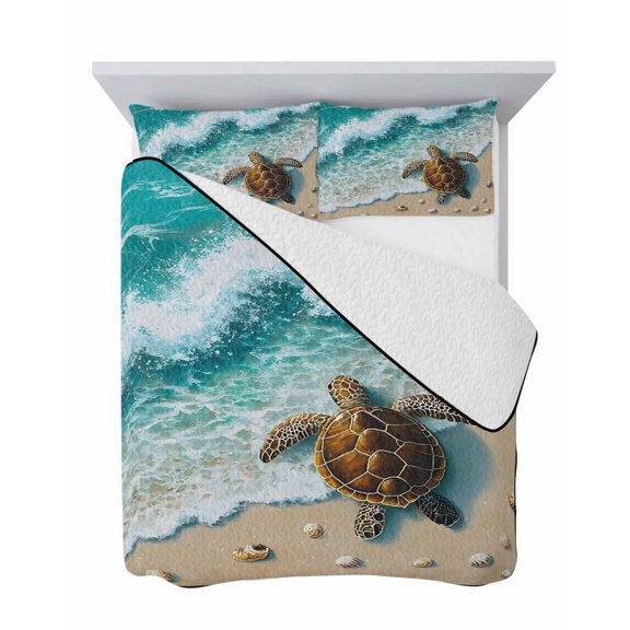 Queen Quilt Bedding Set, Ocean Beach Sea Turtle Shell Soft Microfiber Summer Bedspread Coverlet with 2 Pillow Shams for All Season, Watercolor Marine Theme Breathable Bedding Set for Hot Sleepers
