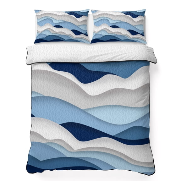Queen Quilt Bedding Set, Ocean Blue Gradient Water Ripples Soft Microfiber Summer Bedspread Coverlet with 2 Pillow Shams for All Season, Coastal Nautical Theme Breathable Bedding Set for Hot Sleepers