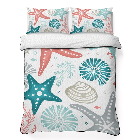 Queen Quilt Bedding Set, Ocean Sea Starfish Coral Shell Soft Microfiber Summer Bedspread Coverlet with 2 Pillow Shams, Coastal Teal Sealife on White Breathable Bedding Set for Hot Sleepers