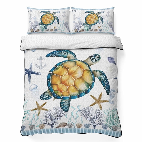 Queen Quilt Bedding Set, Ocean Sea Turtle Starfish Coral Soft Microfiber Summer Bedspread Coverlet with 2 Pillow Shams, Marine Life Seaweed Shell Breathable Bedding Set for Hot Sleepers