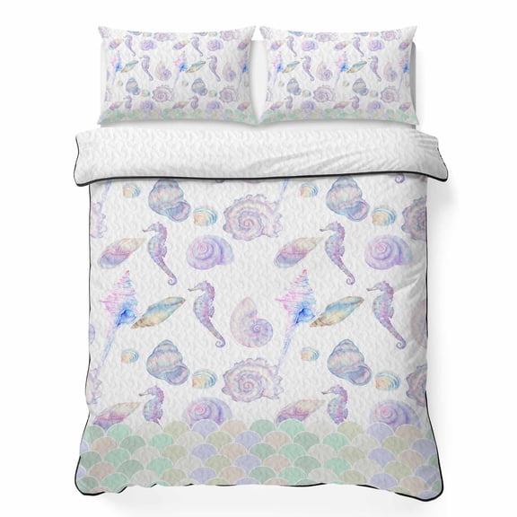 Queen Quilt Bedding Set, Ocean Seahorse Conch Shell Soft Microfiber Summer Bedspread Coverlet with 2 Pillow Shams, Underwater World Mermaid Scale Gradient Breathable Bedding Set for Hot Sleepers