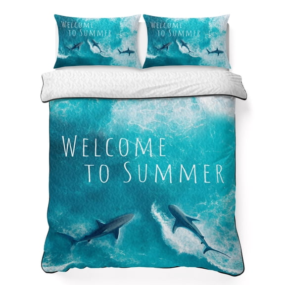 Queen Quilt Bedding Set, Ocean Shark Welcome to Summer Text Soft Microfiber Summer Bedspread Coverlet with 2 Pillow Shams, Watercolor Marine Theme Breathable Bedding Set for Hot Sleepers