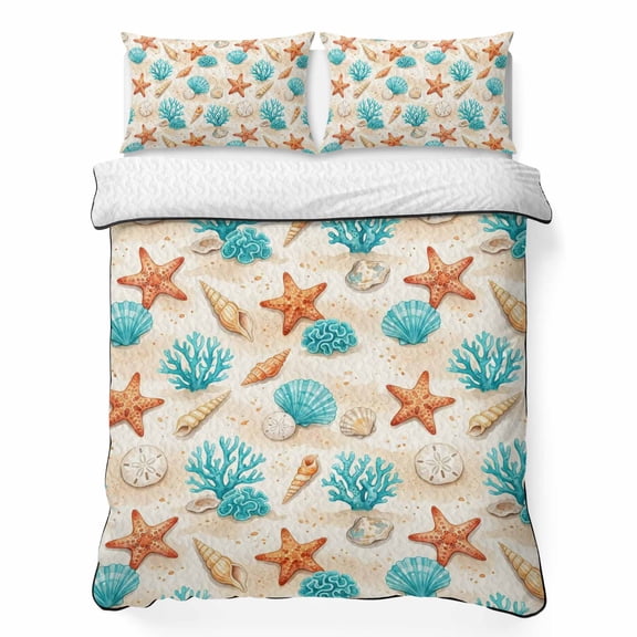 Queen Quilt Bedding Set, Ocean Shell Starfish Conch Coral Soft Microfiber Summer Bedspread Coverlet with 2 Pillow Shams, Summer Watercolor Marine Life Breathable Bedding Set for Hot Sleepers