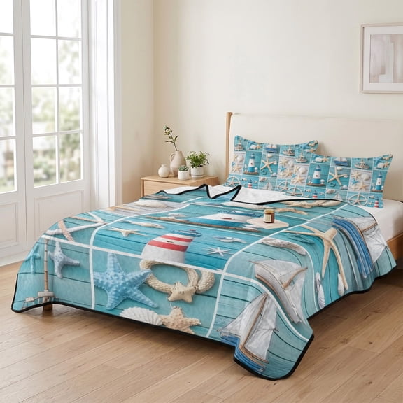 Queen Quilt Bedding Set, Ocean Starfish Lighthouse Boat Lightweight Coverlet Summer Comforter Set Soft Microfiber Bedspread, Retro Blue Wood Board 3 Piece Quilt Set with 2 Pillow Shams