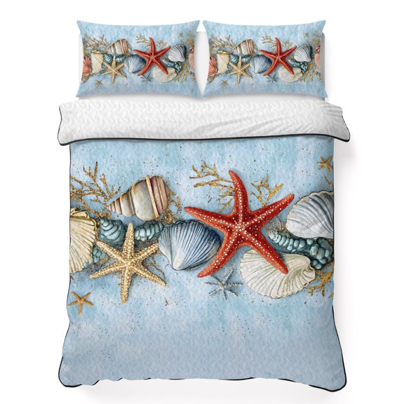 Queen Quilt Bedding Set Ocean Starfish Shell Conch Lightweight Summer Quilted Coverlet for Hot Sleepers, Blue Gradient Ocean Breathable Soft Cooling Blanket with 2 Pillow Shams for All Season