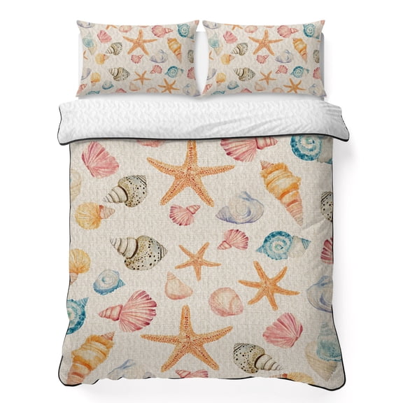 Queen Quilt Bedding Set, Ocean Starfish Shell Conch Soft Microfiber Summer Bedspread Coverlet with 2 Pillow Shams for All Season, Summer Nautical Retro Linen Breathable Bedding Set for Hot Sleepers