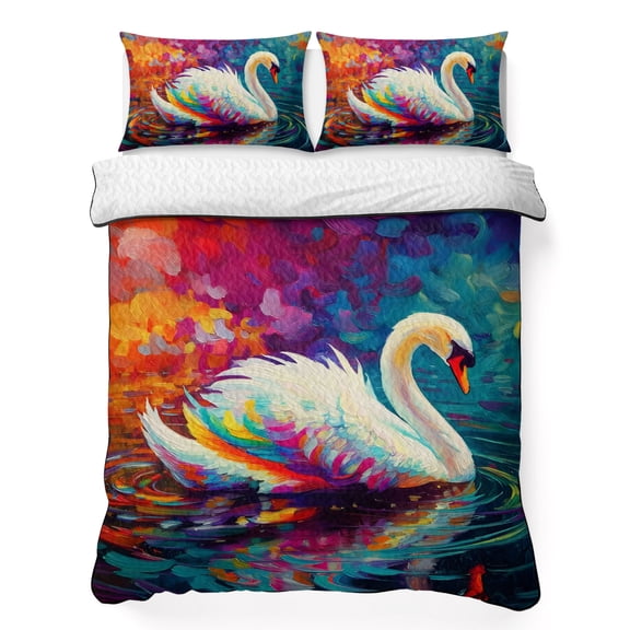 Queen Quilt Bedding Set, Oil Painting Style Swan Soft Microfiber Summer Bedspread Coverlet with 2 Pillow Shams for All Season, Colorful Reflection Art Breathable Bedding Set for Hot Sleepers