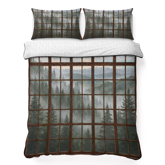 Queen Quilt Bedding Set Old Wooden Stained Windows Lightweight Summer Quilted Coverlet for Hot Sleepers, Needle Forest Mountains Breathable Soft Cooling Blanket with 2 Pillow Shams for All Season