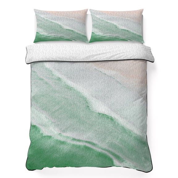 Queen Quilt Bedding Set, Ombre Sage Green Waves Soft Microfiber Summer Bedspread Coverlet with 2 Pillow Shams for All Season, Abstract Bohemian Beach Breathable Bedding Set for Hot Sleepers