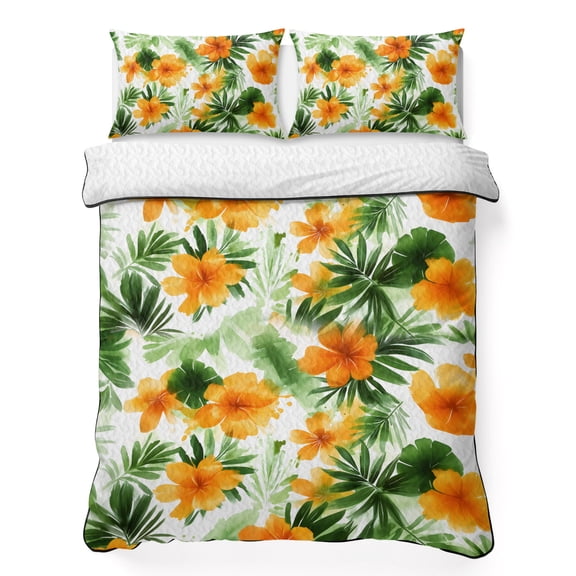 Queen Quilt Bedding Set, Ombre Watercolor Tropical Leaves Soft Microfiber Summer Bedspread Coverlet with 2 Pillow Shams, Summer Orange Floral Leaves Breathable Bedding Set for Hot Sleepers