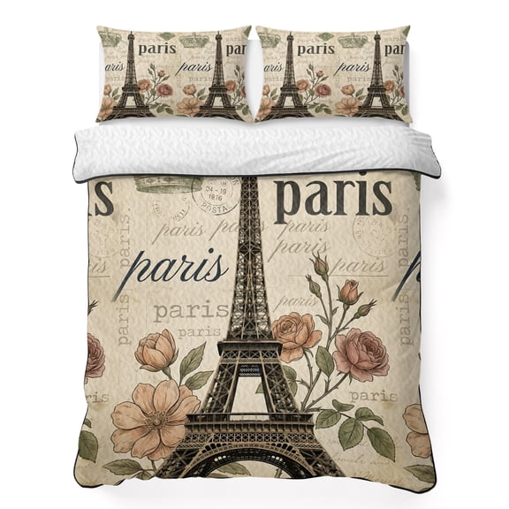 Queen Quilt Bedding Set, Paris Architecture Tower Crown Soft Microfiber Summer Bedspread Coverlet with 2 Pillow Shams, Blossom Flower Stamp Texture Breathable Bedding Set for Hot Sleepers