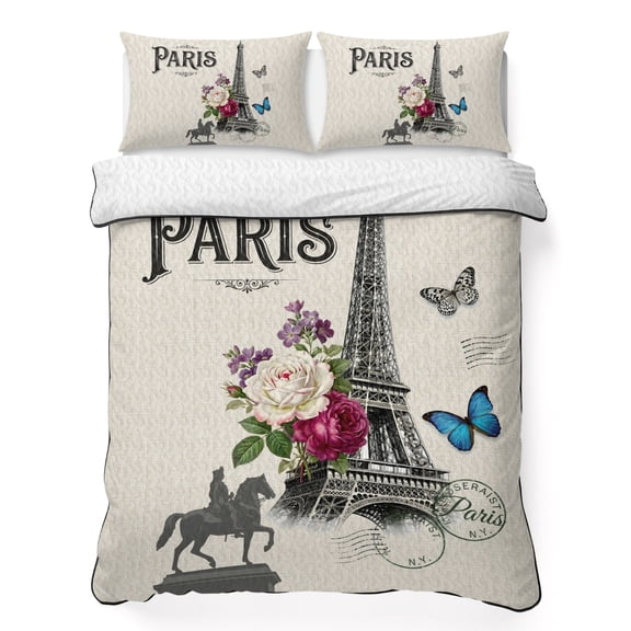 Queen Quilt Bedding Set Paris Iconic Architecture Tower on Linen Summer Quilt Lightweight Quilted Coverlet with 2 Pillow Shams, Flower Butterfly Stamp 3-Piece Bedspread Quilt Set for All Season