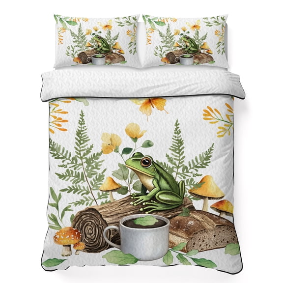 Queen Quilt Bedding Set Pastoral Frog Coffee Plant Breathable Summer Cooling Blanket for Hot Sleepers, Watercolor Country Scenery Lightweight Soft Bedding Set with 2 Pillow Shams for All Season