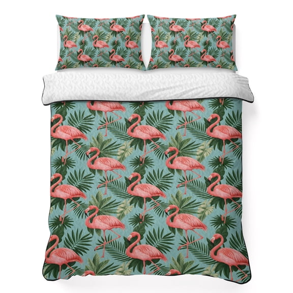 Queen Quilt Bedding Set, Pink Flamingos Tropical Leaves Soft Microfiber Summer Bedspread Coverlet with 2 Pillow Shams for All Season, Summer Leaves on Green Breathable Bedding Set for Hot Sleepers