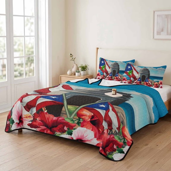 Queen Quilt Bedding Set, Puerto Rico Flag Hibiscus Flower Lightweight Coverlet Summer Comforter Set Soft Microfiber Bedspread, Frog Floral Ocean 3 Piece Quilt Set with 2 Pillow Shams All Seasons Use