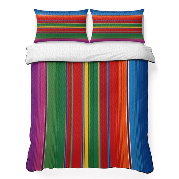 Queen Quilt Bedding Set, Rainbow Mexican Colorful Stripes Soft Microfiber Summer Bedspread Coverlet with 2 Pillow Shams, Modern Abstract Line Art Breathable Bedding Set for Hot Sleepers