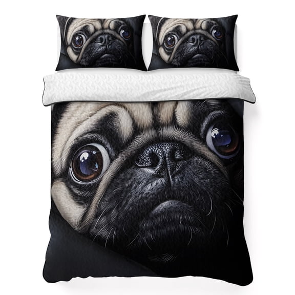 Queen Quilt Bedding Set Realistic Pug Dog Pattern Summer Quilt Lightweight Quilted Coverlet with 2 Pillow Shams, Dark Background 3-Piece Bedspread Quilt Set for All Season