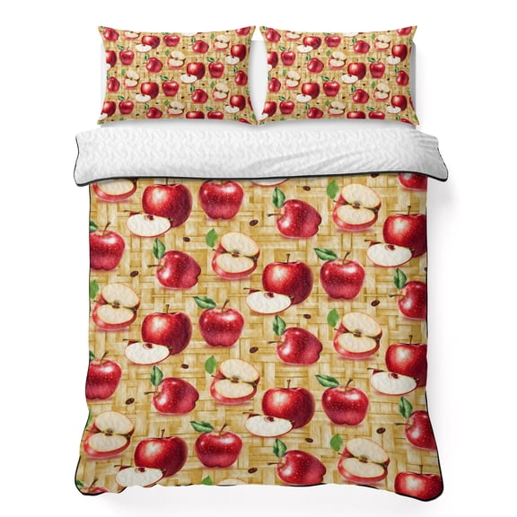 Queen Quilt Bedding Set, Red Apples Farm Fruit Soft Microfiber Summer Bedspread Coverlet with 2 Pillow Shams for All Season, Retro Weave Art Breathable Bedding Set for Hot Sleepers