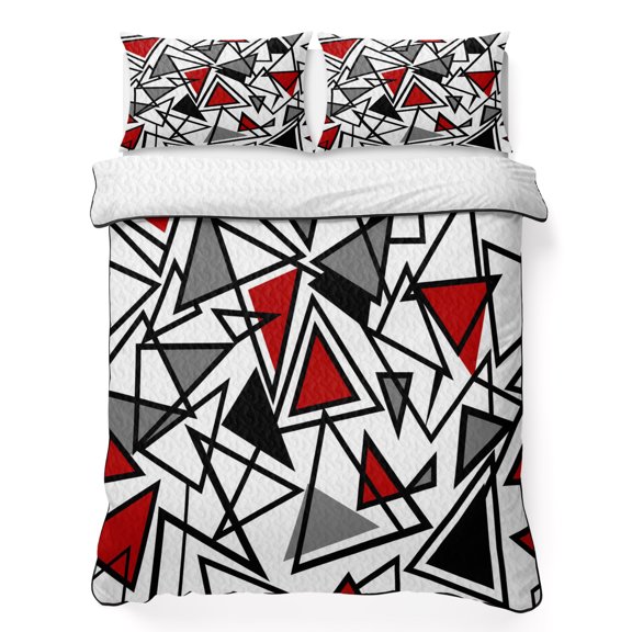 Queen Quilt Bedding Set Red Black Geometric Triangle Breathable Summer Cooling Blanket for Hot Sleepers, Modern Abstract Style Lightweight Soft Bedding Set with 2 Pillow Shams for All Season