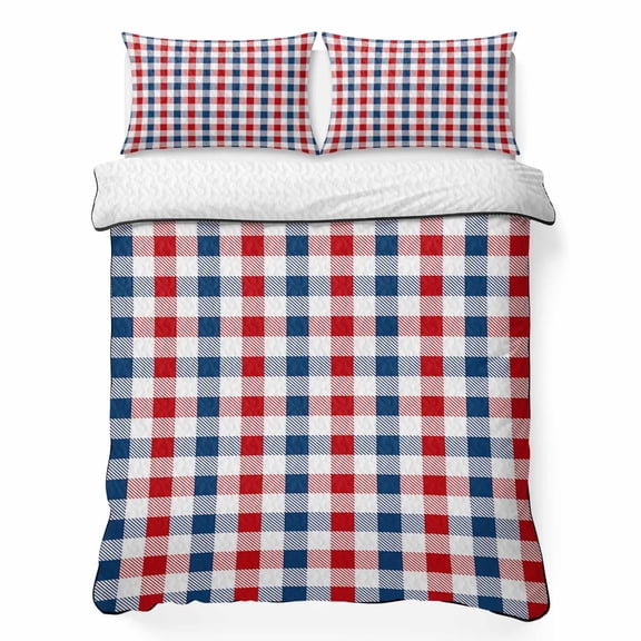 Queen Quilt Bedding Set, Red Blue White Buffalo Tartan Lattice Soft Microfiber Summer Bedspread Coverlet with 2 Pillow Shams, 4th of July Independence Day Breathable Bedding Set for Hot Sleepers