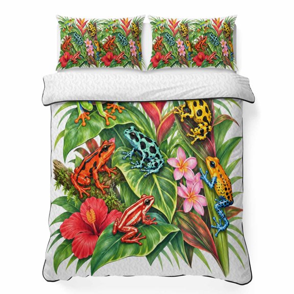 Queen Quilt Bedding Set, Red Green Blue Tree Frogs 3 Piece Bedding Set Lightweight Breathable Quilt with 2 Pillow Shams, Tropical Palm Leaves Soft Microfiber Summer Comforter for Hot Sleepers