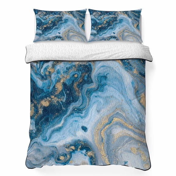 Queen Quilt Bedding Set, Retro Abstract Blue Marble Stone Soft Microfiber Summer Bedspread Coverlet with 2 Pillow Shams for All Season, Modern Liquid Texture Breathable Bedding Set for Hot Sleepers
