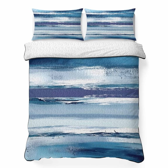 Queen Quilt Bedding Set, Retro Abstract Ombre Blue Wave Soft Microfiber Summer Bedspread Coverlet with 2 Pillow Shams, Watercolor Ripple Seamless Breathable Bedding Set for Hot Sleepers