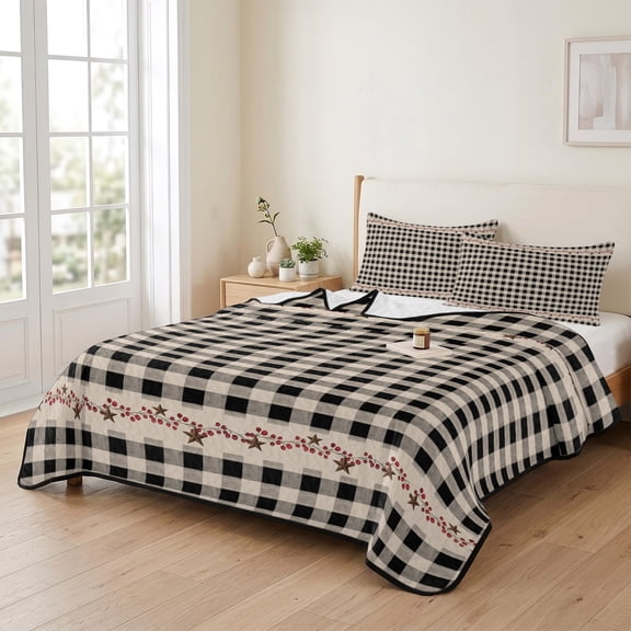 Queen Quilt Bedding Set, Retro Black White Checkered Lightweight Coverlet Summer Comforter Set Soft Microfiber Bedspread, Country Stars Stripes 3 Piece Quilt Set with 2 Pillow Shams All Seasons Use