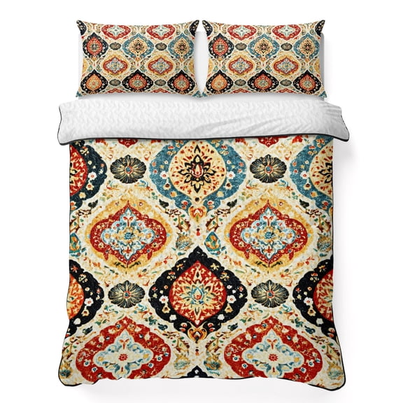 Queen Quilt Bedding Set, Retro Boho Moroccan Geometric Soft Microfiber Summer Bedspread Coverlet with 2 Pillow Shams for All Season, Vintage Terracotta Art Breathable Bedding Set for Hot Sleepers