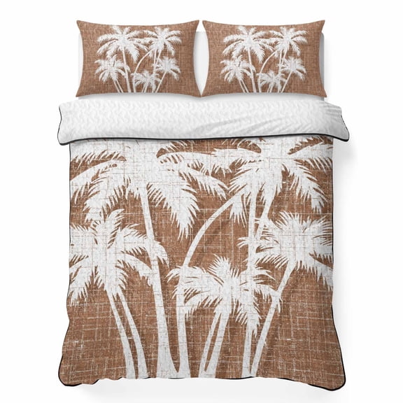Queen Quilt Bedding Set Retro Brown Palm Tree Lightweight Summer Quilted Coverlet for Hot Sleepers, Summer Trees Tropical Botanical Breathable Soft Cooling Blanket with 2 Pillow Shams for All Season