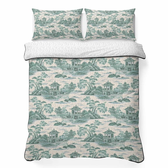 Queen Quilt Bedding Set, Retro Garden Landscape Plant Soft Microfiber Summer Bedspread Coverlet with 2 Pillow Shams for All Season, Vintage Chinese Style Breathable Bedding Set for Hot Sleepers